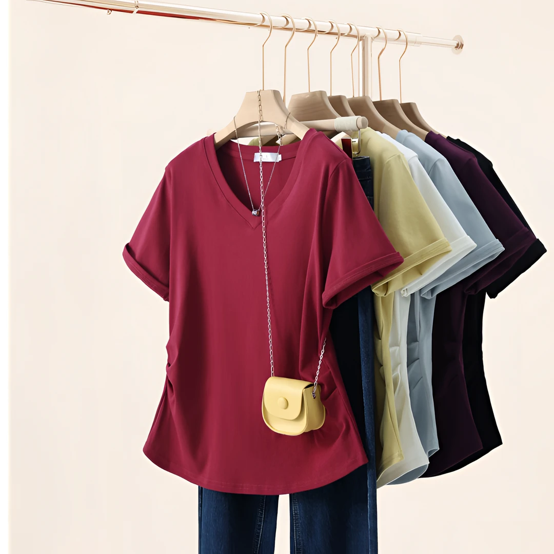大码藏肉显瘦减龄正肩T恤女夏季2025年新款遮肚子百搭V领上衣