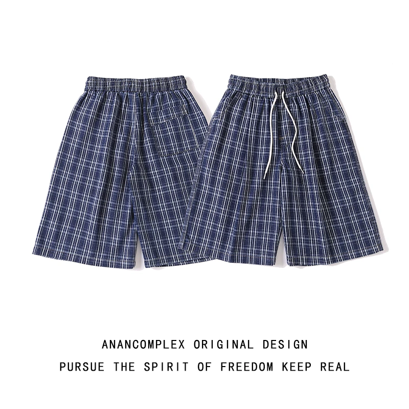 美式复古高街格子水洗直筒牛仔短裤男六分七分百搭宽松阔腿裤