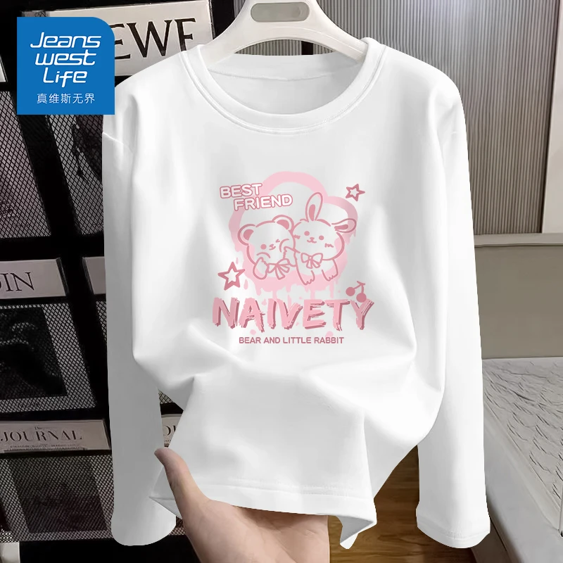 真维斯无界200g纯棉长袖T恤女白色粉色小熊印花甜美学生简约上衣u