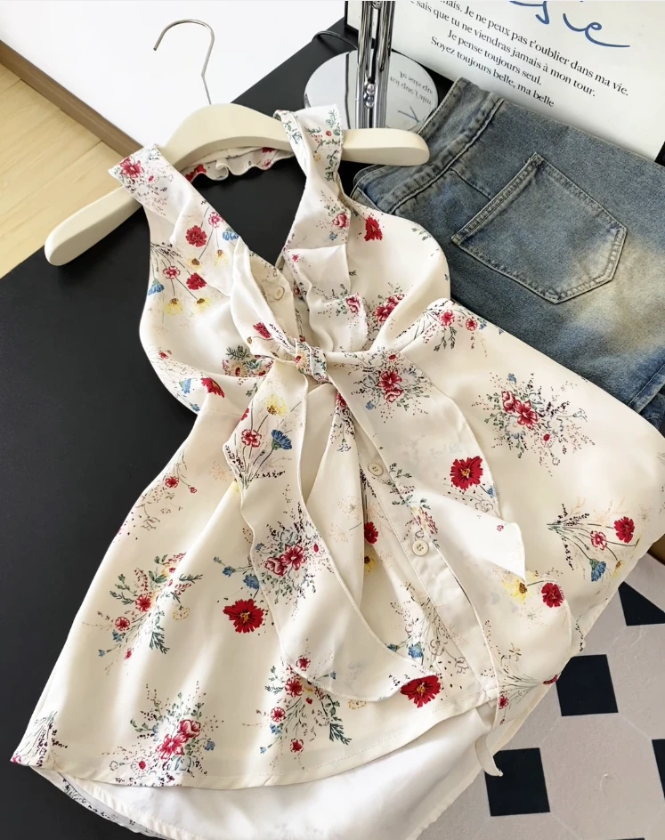 夏季新款法式纯欲碎花挂脖吊带背心女外穿甜辣修身露背无袖小上衣