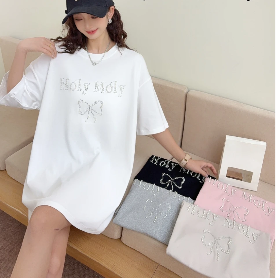夏季新款珍珠字母蝴蝶结图案中长款短袖T恤女时尚宽松D9015