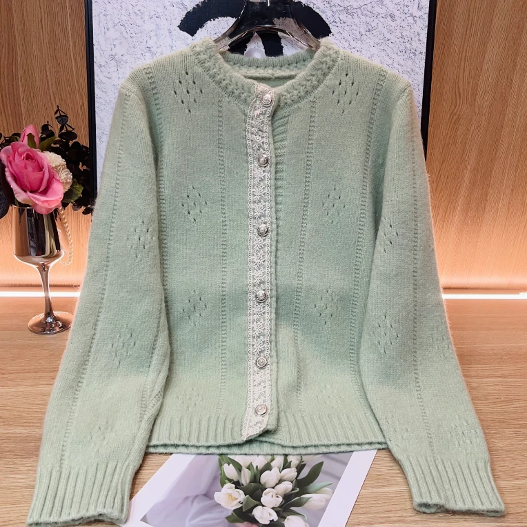 【 原创定制】春季新款时尚蕾丝拼接长袖针织衫开衫毛衣女洋气上衣