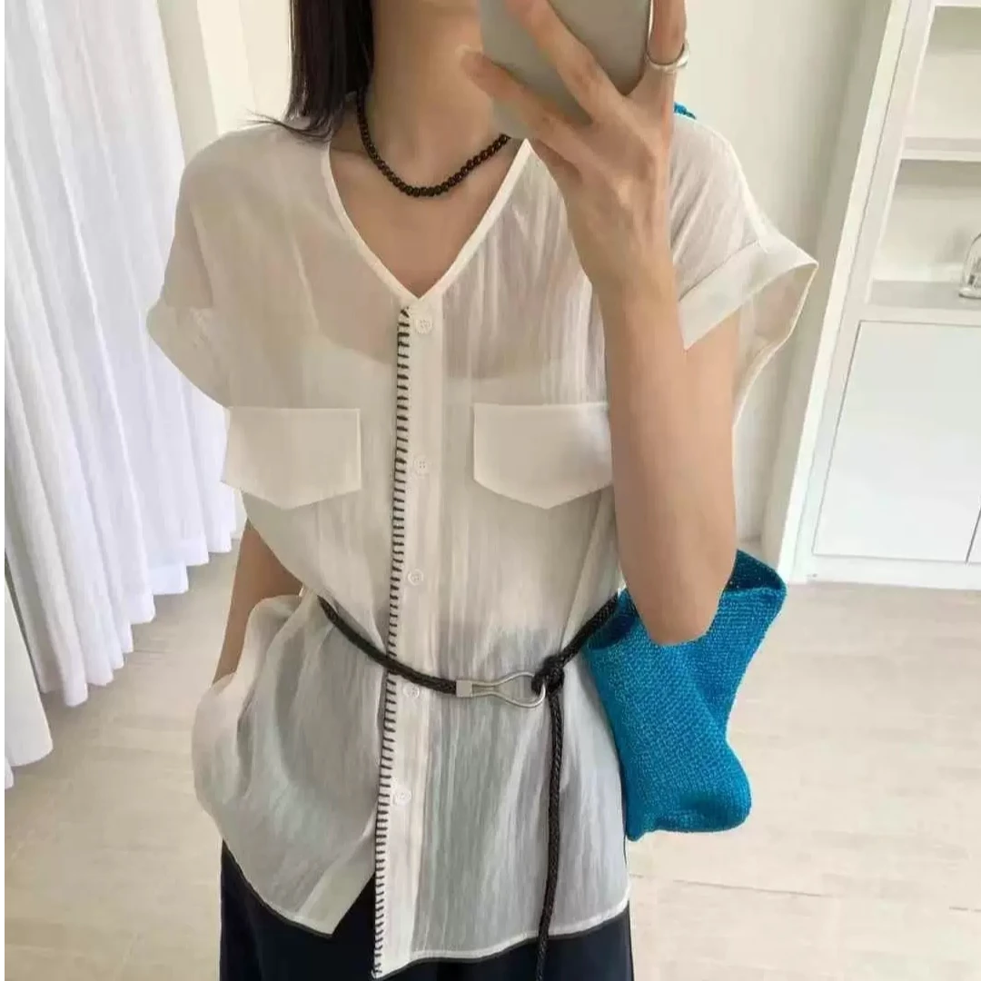 意法一批清仓 韩系V领系带衬衫女夏兰精天丝设计感上衣F0832