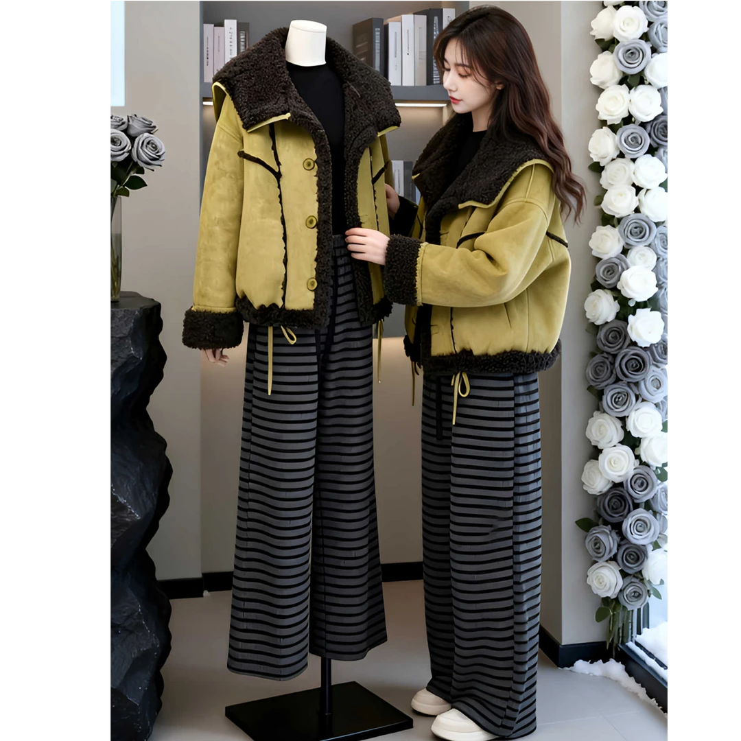 拉夏贝尔撞色时尚拼接毛毛两面穿外套女2025冬季新款加厚保暖上衣