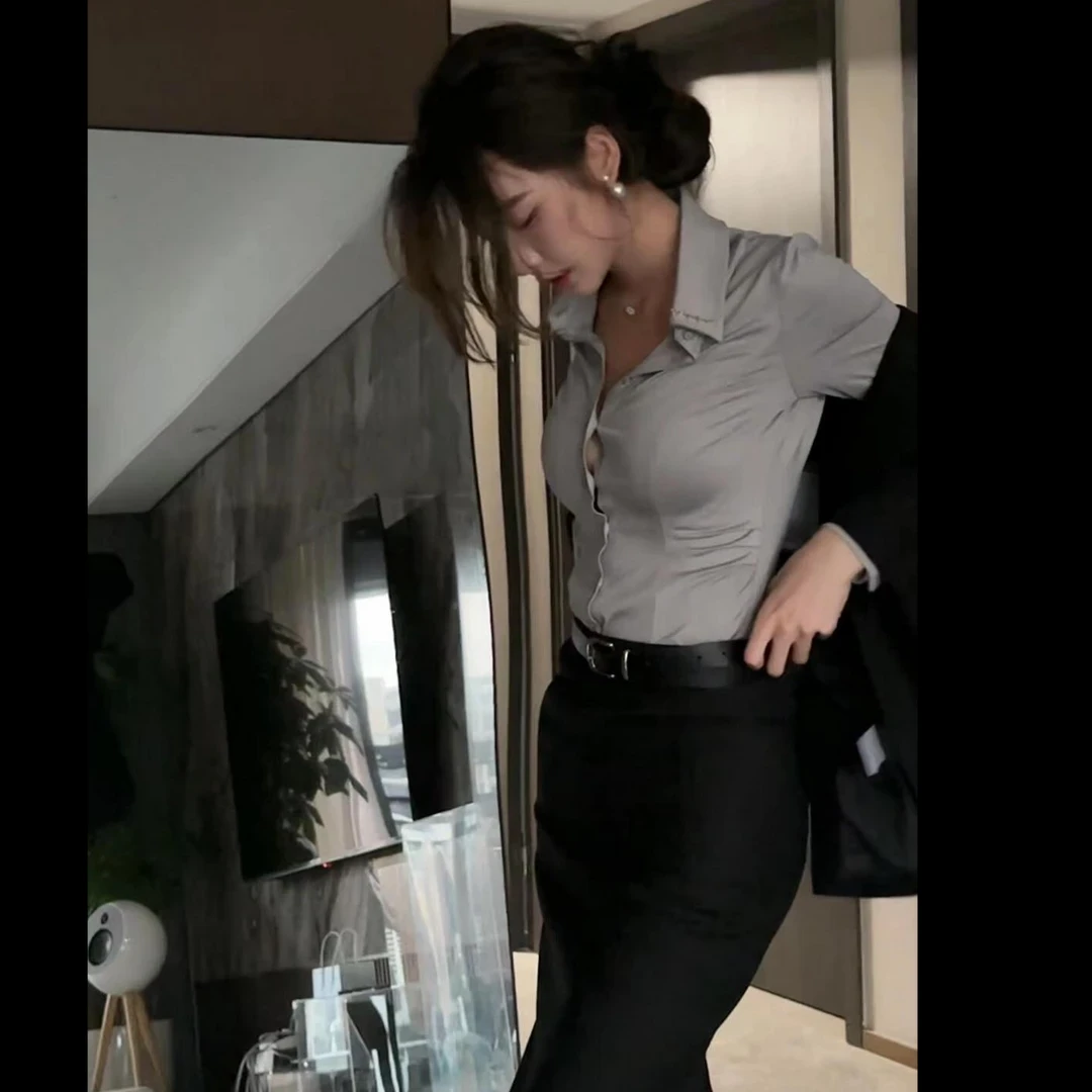 御姐气质套装修身收腰长袖衬衫上衣+高腰开叉辣妹包臀裙半身短裙