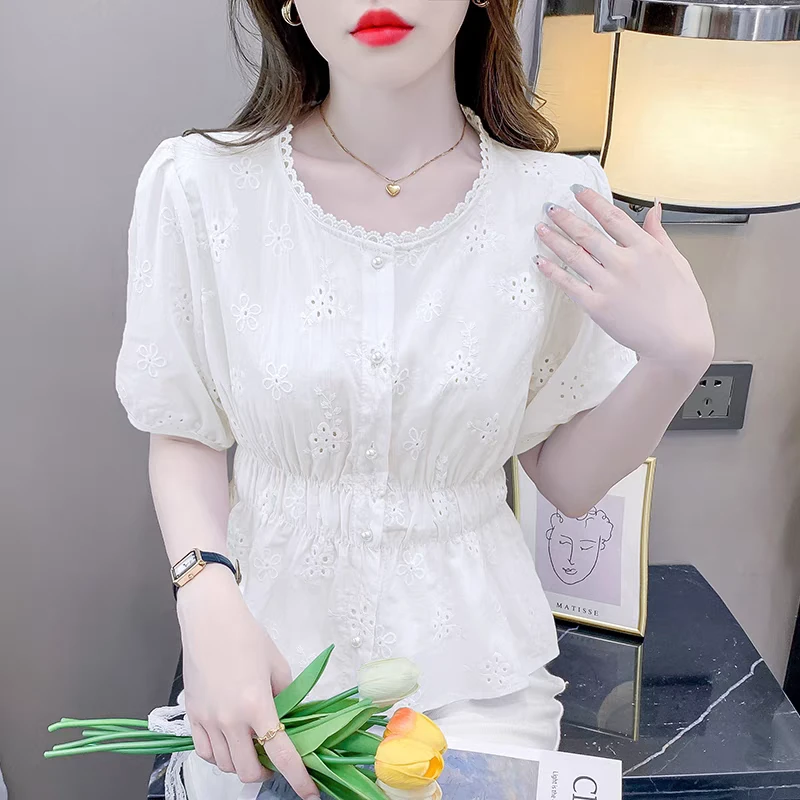 夏季新款短袖镂空衬衫女薄款高级感上衣593# 衣长52
