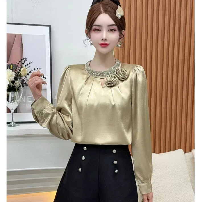 春节新款法式立体花朵轻奢设计感洋气镶钻气质百搭显瘦女士衬衫