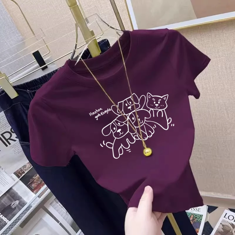 美式正肩短袖t恤女2025夏季新款小狗印花设计感小众修身辣妹上衣