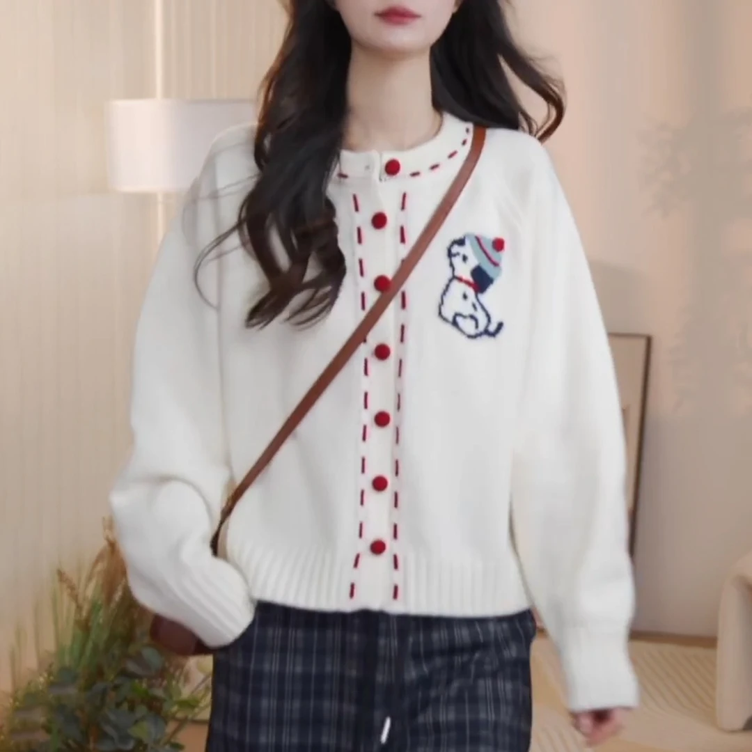 韩系减龄卡通提花针织开衫女2025秋冬设计感百搭显瘦圣诞毛衣上衣