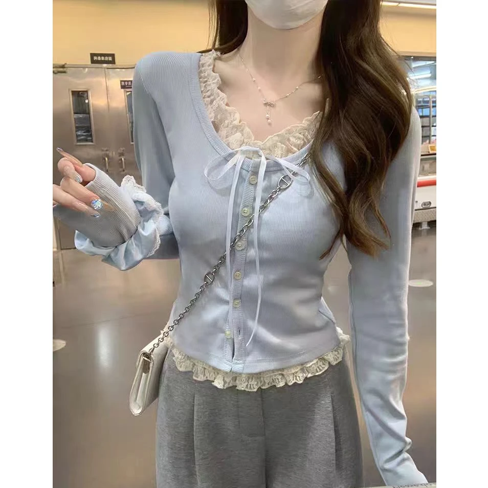 早春韩版蕾丝设计感纽扣蝴蝶结圆领套头修身百搭长袖上衣女