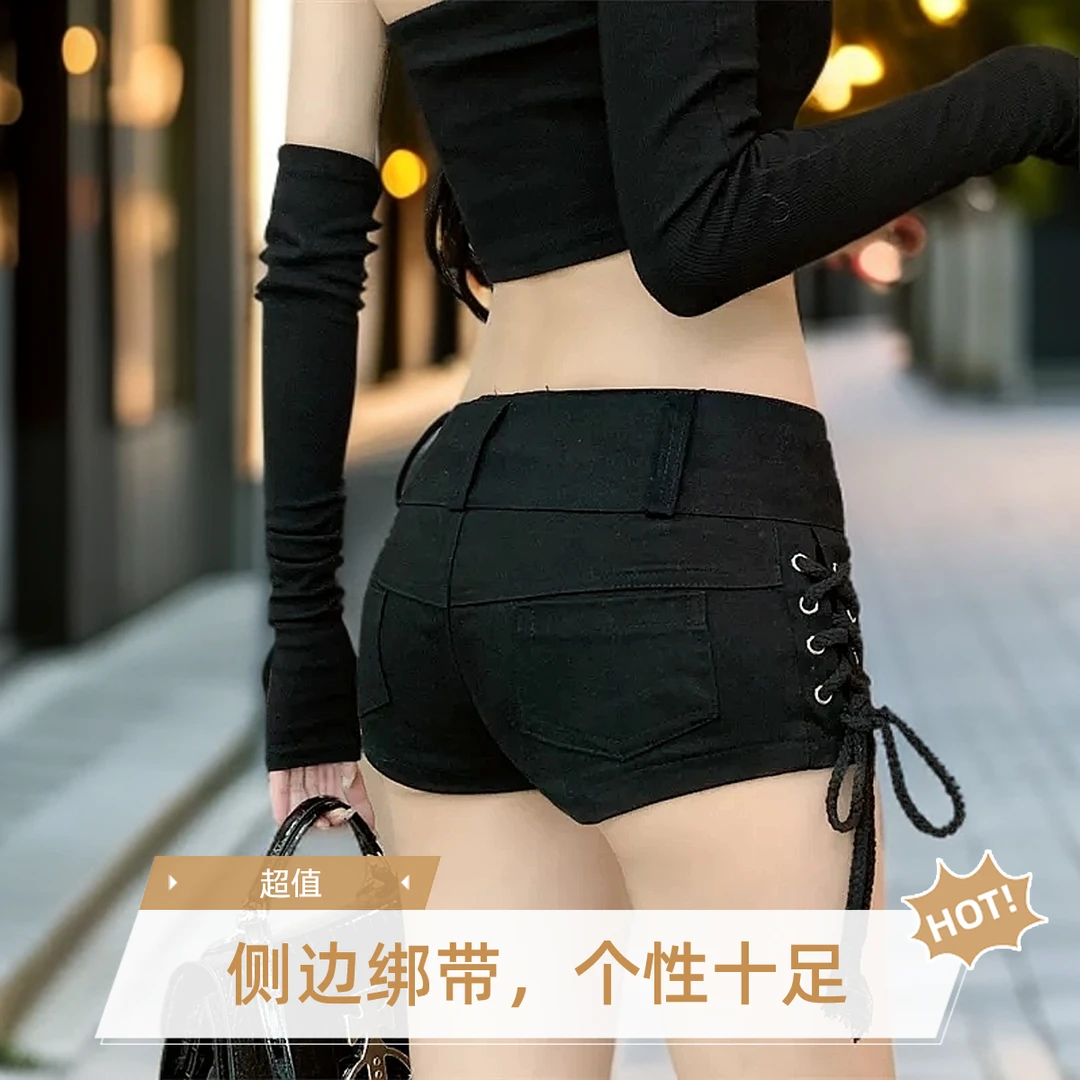 黑色短裤女夏季美式复古辣妹修身显瘦超短裤绑带紧身低腰牛仔热裤