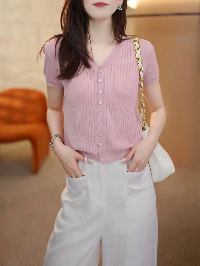 天丝+桑蚕丝夏季领薄款短袖开衫女2025新款百搭洋气显瘦纯色上衣