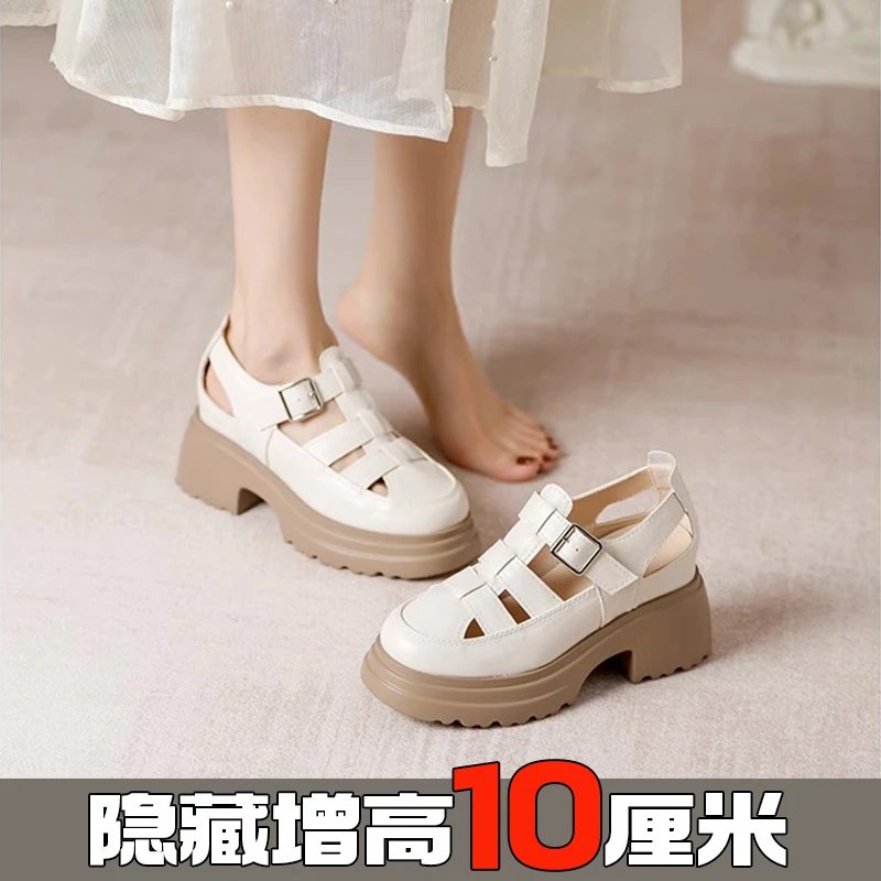 10cm包头罗马鞋女款夏季新款百搭法式时尚内增高外穿凉鞋猪笼鞋女