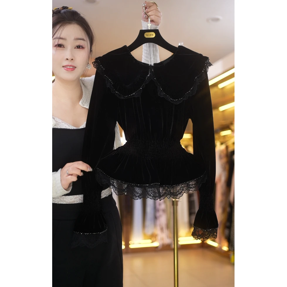 【娟姐专属】黑色法式显瘦气质收腰名媛修身长袖秋冬打底衫6036-1