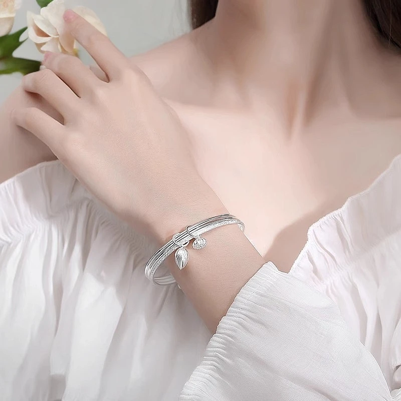 足银手镯 A4三生三世莲蓬两世欢女款细圈浪漫气质时尚百搭简约