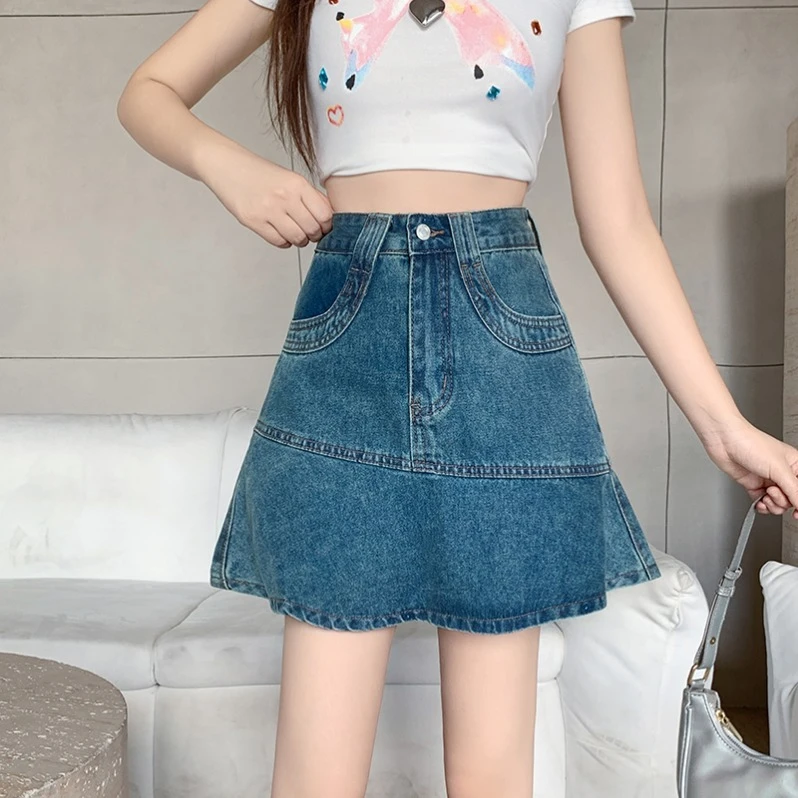 2025夏装新款胖mm大码女时尚甜美高腰复古A字显瘦牛仔短裙30549