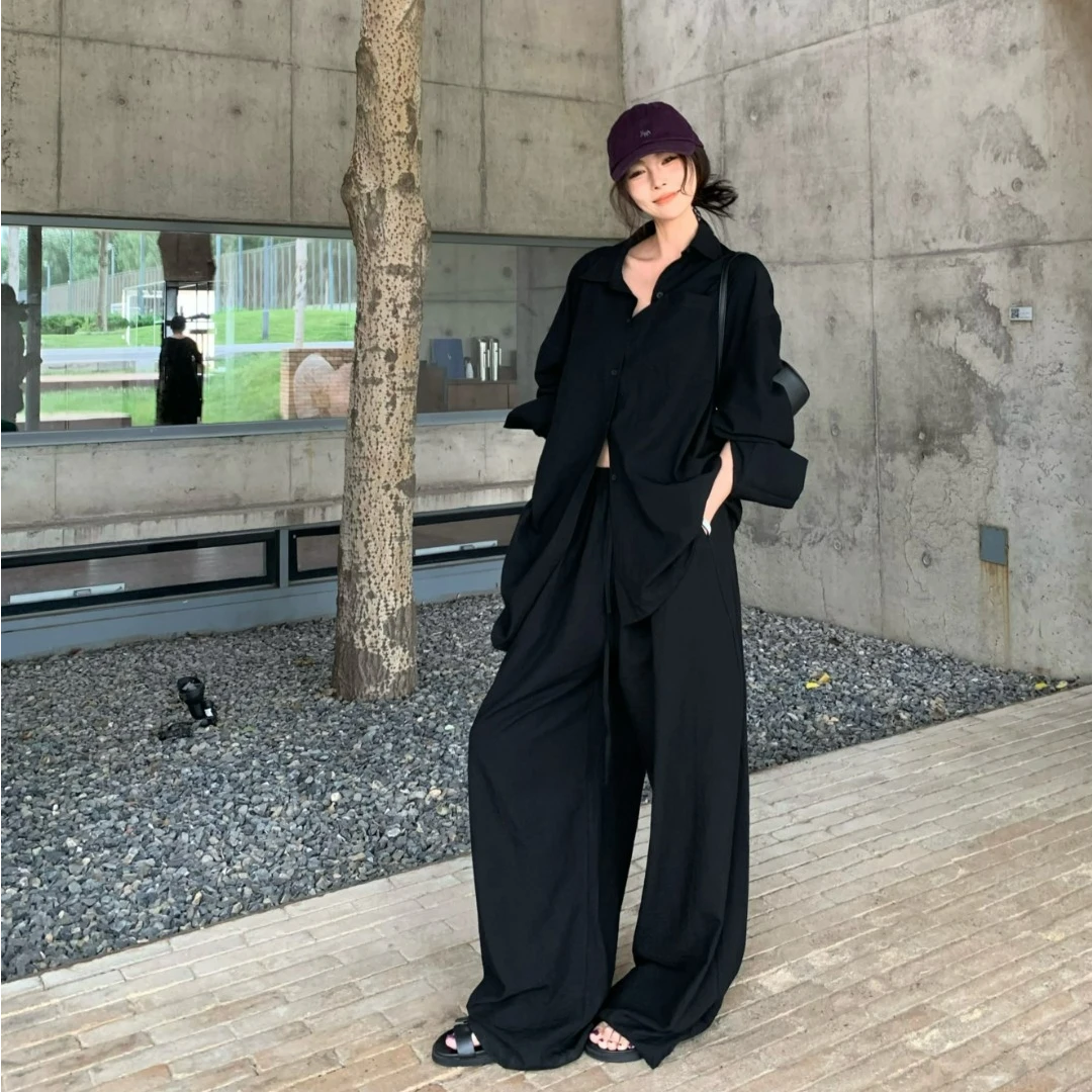 慵懒松弛感套装宽松休闲衬衫开衫高腰系带休闲直筒阔腿裤-9592