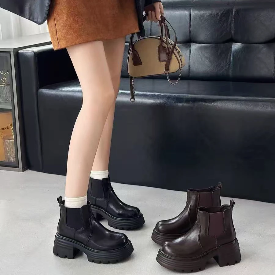 厚底时装靴女新款复古显瘦套筒马丁靴短靴99-608（薄绒）