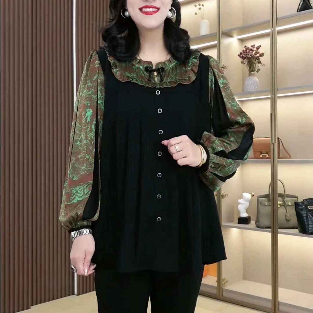 丹思慕春秋季新款大码女装洋气休闲时尚拼接盘扣显瘦上衣241335