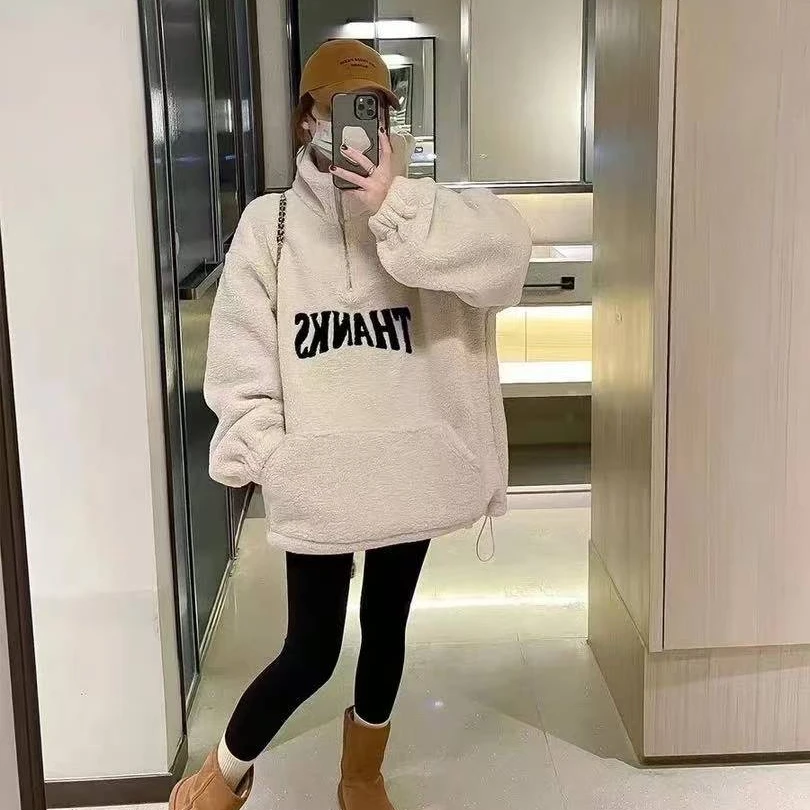哈哈家】欧货拉链加厚字母羊羔毛加绒卫衣女