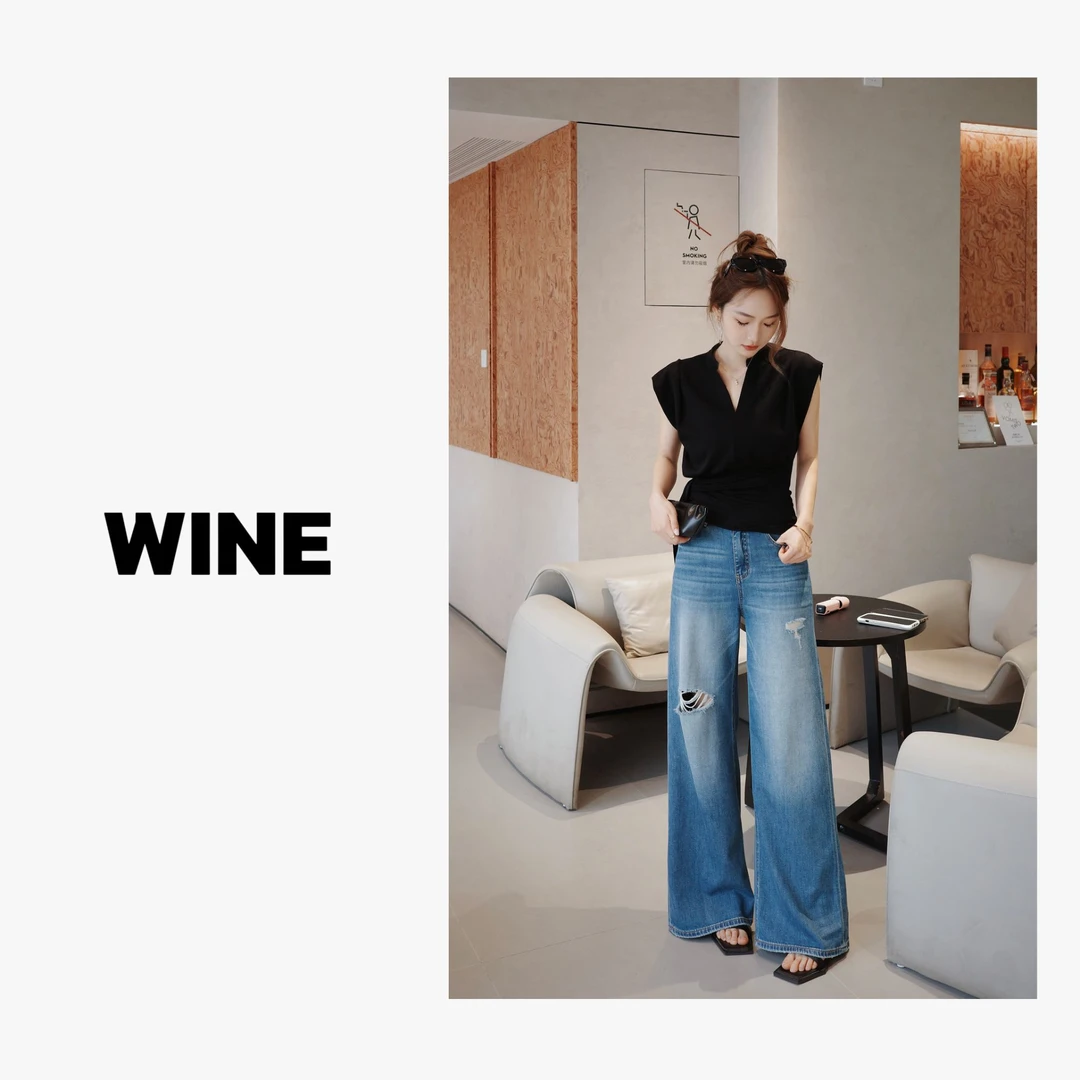 【WINE】"贝加尔冰层”莱赛尔2025新款高腰显瘦宽松/破洞牛仔裤女