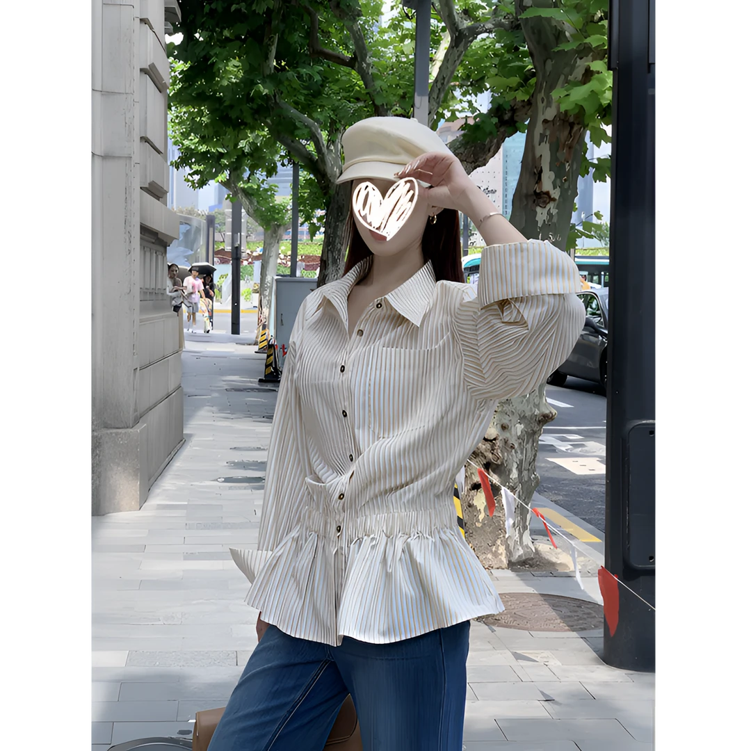 韩系蓝色条纹大码衬衫女秋季胖mm遮肚显瘦设计感小众收腰长袖上衣