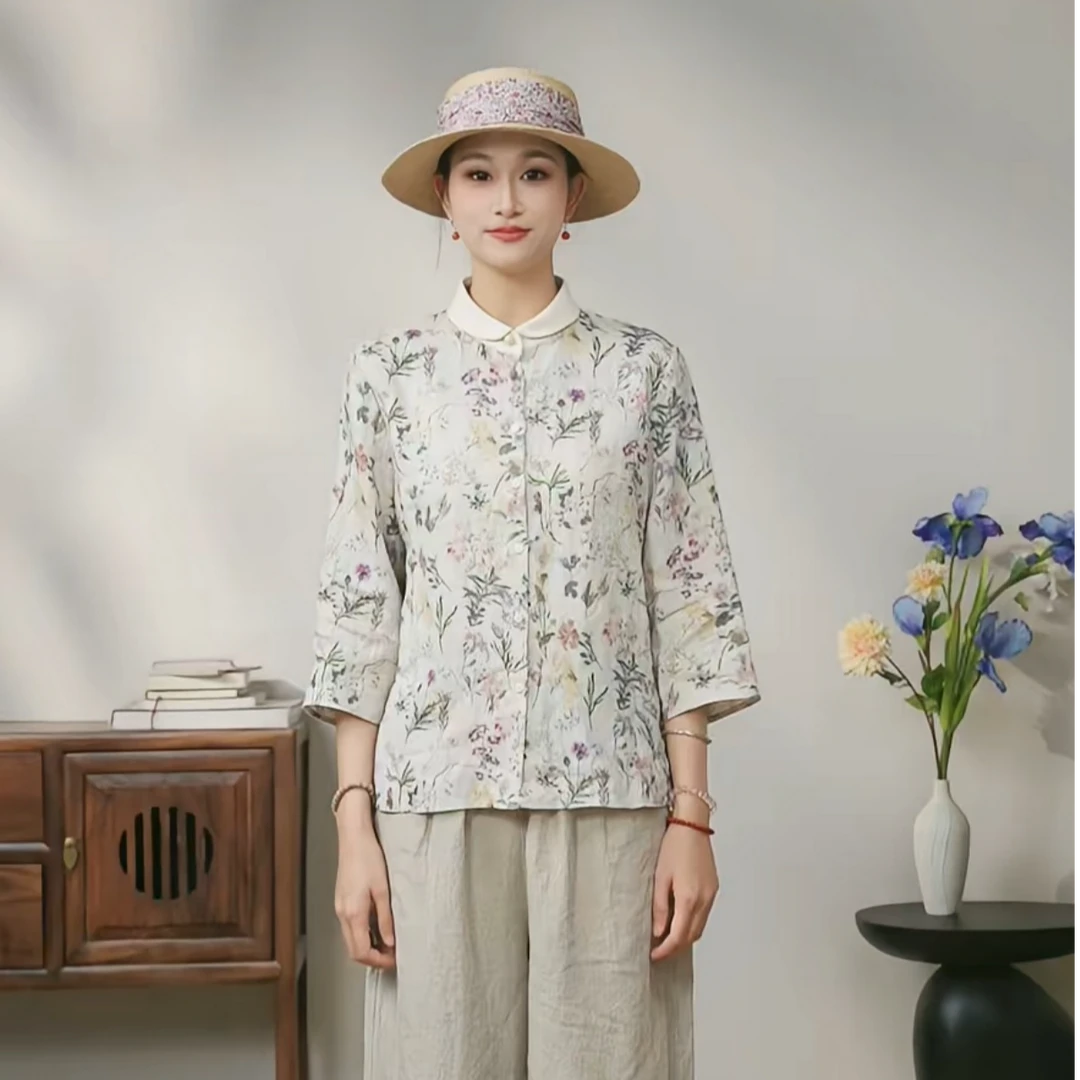 牧衣游原创 印花亚麻衫女轻薄文艺设计感宽松百搭上衣 小森花间