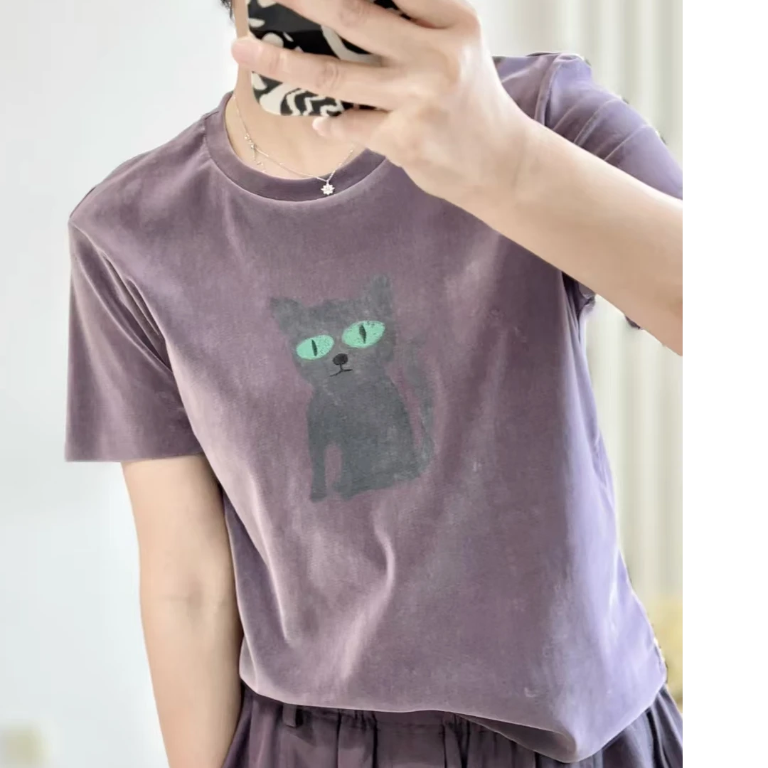 常规时尚短款圆领紫色印花抗皱T恤短袖拼接韩版