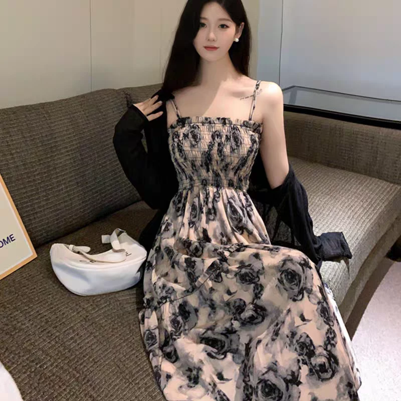 （80-200）法式碎花吊带连衣裙女外搭罩衫胖mm显瘦套装裙子长裙1767