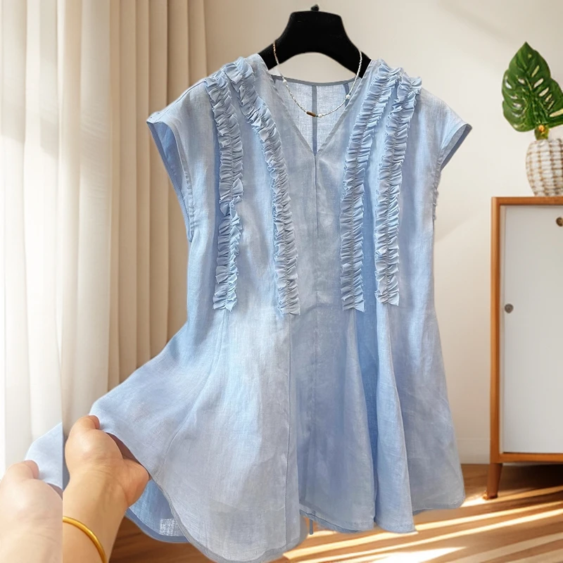 【某东来专柜品质】2025新款夏季新款木耳边提花收腰大码衬衫女宽松