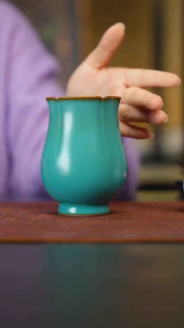 气柴窑 松石绿 花口杯 可乐杯