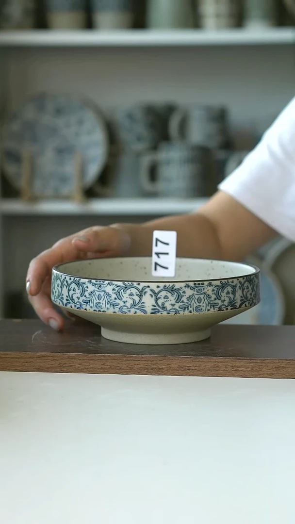 717微瑕青花鸢尾花17cm高足甜品碗@4-2@