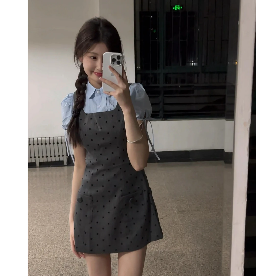 学院风甜美时尚套装女灰色方领波点吊带连衣裙蓝色短袖衬衫两件套