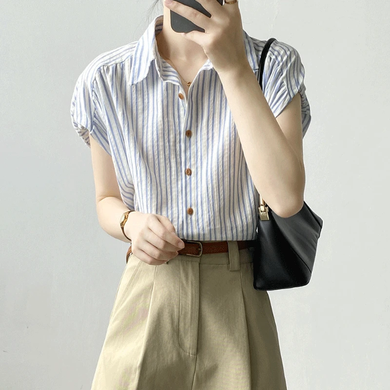 哥弟阿玛施正品2025夏季新款小飞袖条纹短袖衬衫女高级感法式上衣