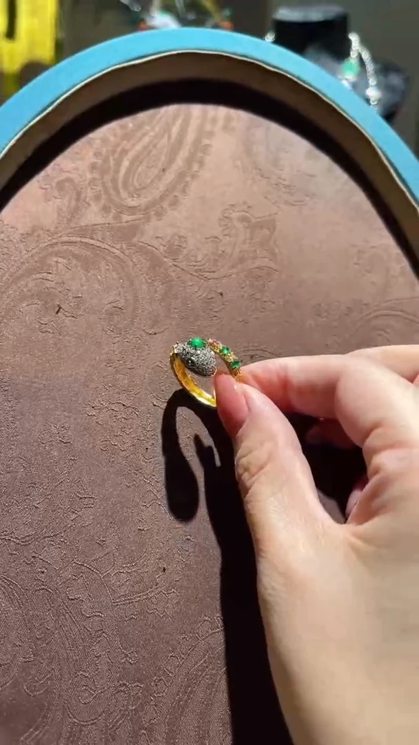 银S925镀金镶嵌戒指翡翠红翡绿翠