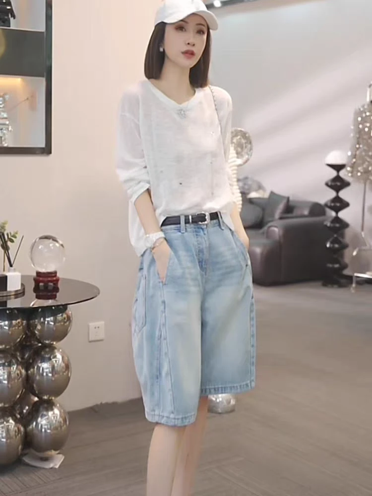 韩版蓝色花苞工装牛仔裤女2025夏季小个子宽松显瘦高腰休闲五分裤