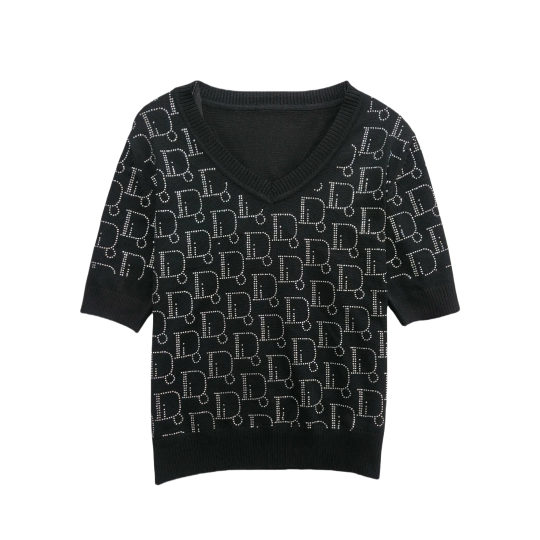 VAZSLVE/原创设计 D字母重工水钻图案V领套头短袖针织衫msl115