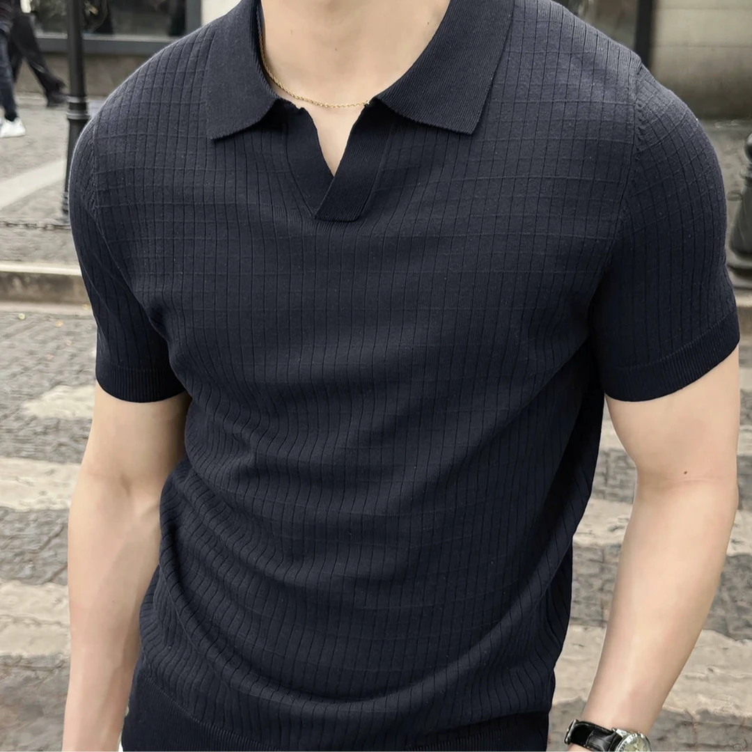 夏季莱塞尔亚麻混纺V领针织短袖POLO衫男时尚休闲老钱风翻领短袖
