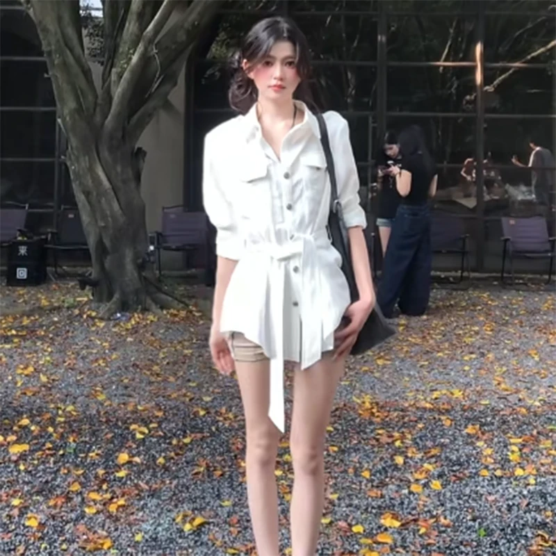 早秋季时尚显瘦气质性感单排扣设计感PLOL领长袖绑带衬衫上衣女装