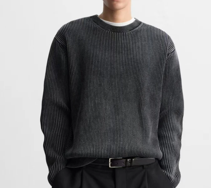 西班牙订单 水洗做旧 男士小众高级感雅痞圆领针织毛衣厚款大码