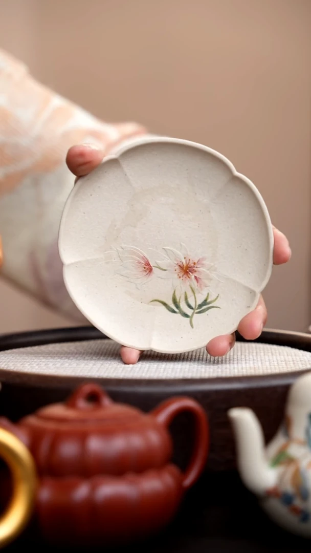 茶壶紫砂白玉段五瓣壶承双花