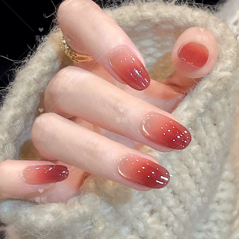 【红美人】穿戴甲美甲片纯手工制作酒红色指甲油显白短款中长百搭款