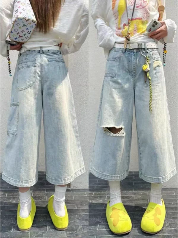 复古破洞七分牛仔裤女夏季新款小个子高腰阔腿短裤时尚百搭直筒裤