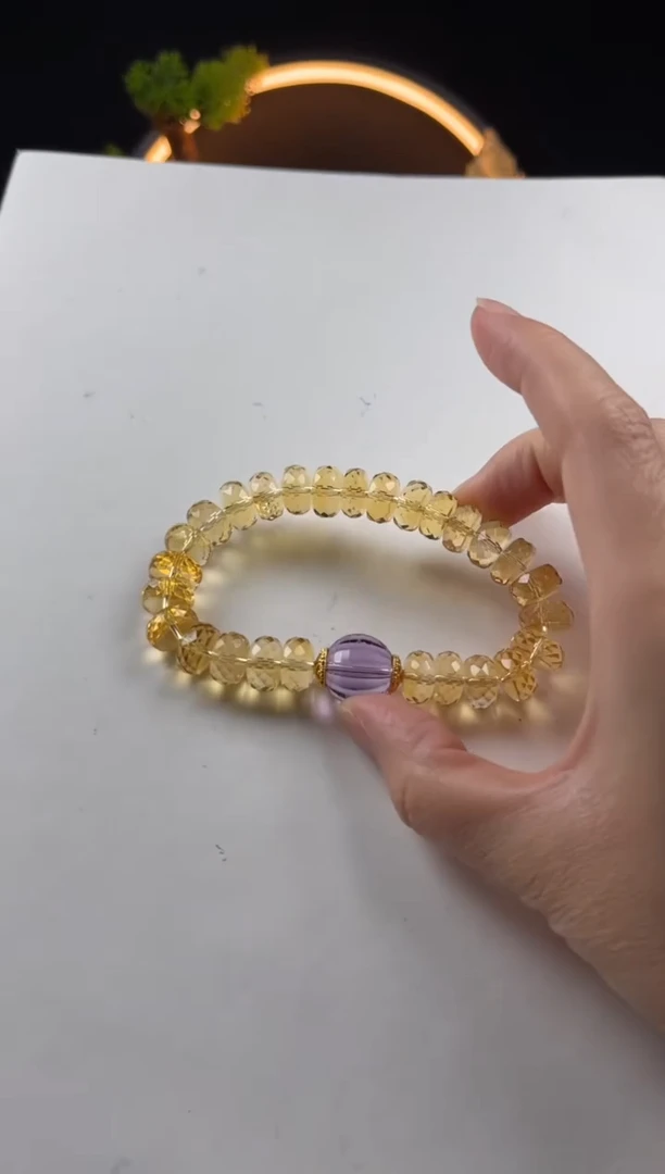 【闪购商品】水晶手链未镶嵌天然黄水晶算盘珠子搭紫水晶手串10mm