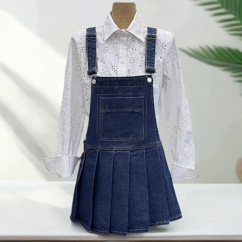 C5013复古甜美学院风百褶牛仔背带裙初高中学生小个子水洗做旧