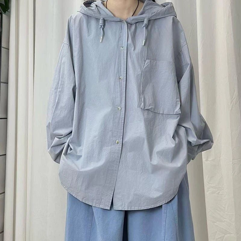 蓝色衬衫连帽慵懒风女春夏新款宽松休闲时髦洋气长袖防晒衬衣外套