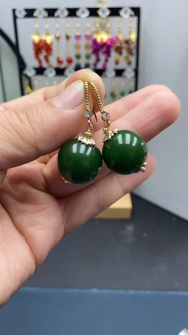 【闪购商品】和田玉耳饰银S925镀金镶嵌尺寸18mmW3