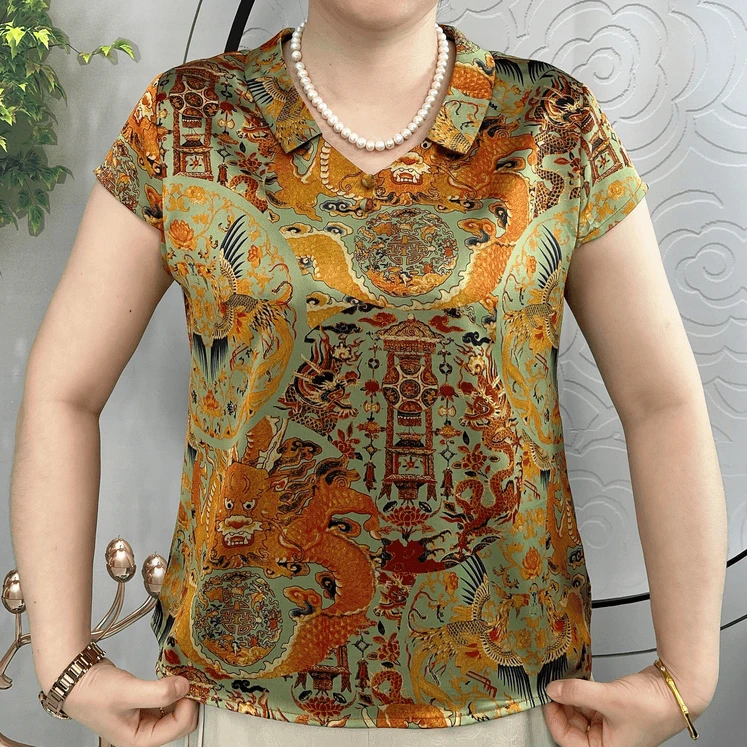 中国风龙凤呈祥短袖T恤2025夏季新款时尚百搭印花娃娃领上衣洋气