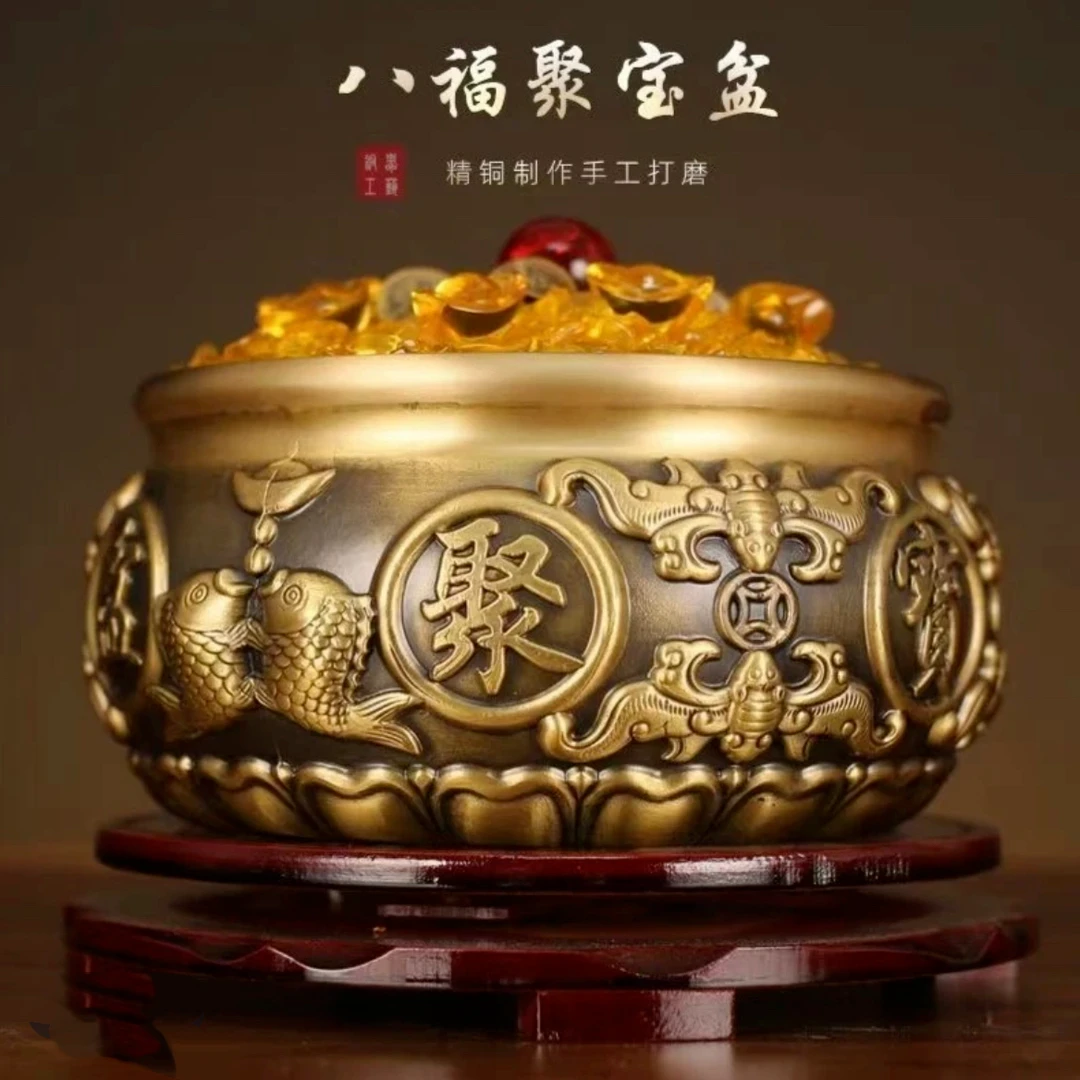 全黄铜双鱼聚宝盆摆件招财进宝客厅玄关家用摆件财库摆件风水招财