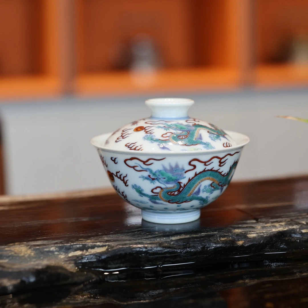 （神工妙造）小愚斋/斗彩双龙海水纹小盖碗盘龙纯手工110cc